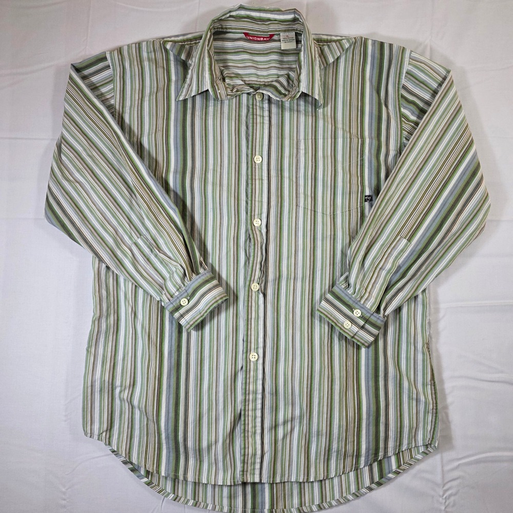 Unionbay Mens XL Green Brown Striped Long Sleeve Cotton Button Down Shirt